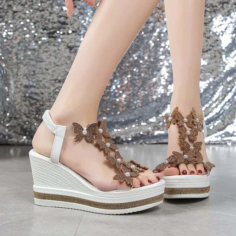 2025 new wedge sandals butterfly pearl decoration word with diamond