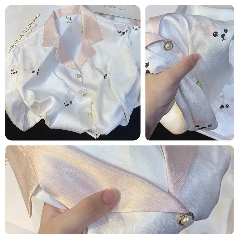 Maternity 2-Piece Set of Ice Silk Pajamas Comfortable Silk Long-Sleeved Trousers Herringbone Pattern Jacquard Silk Loungewear