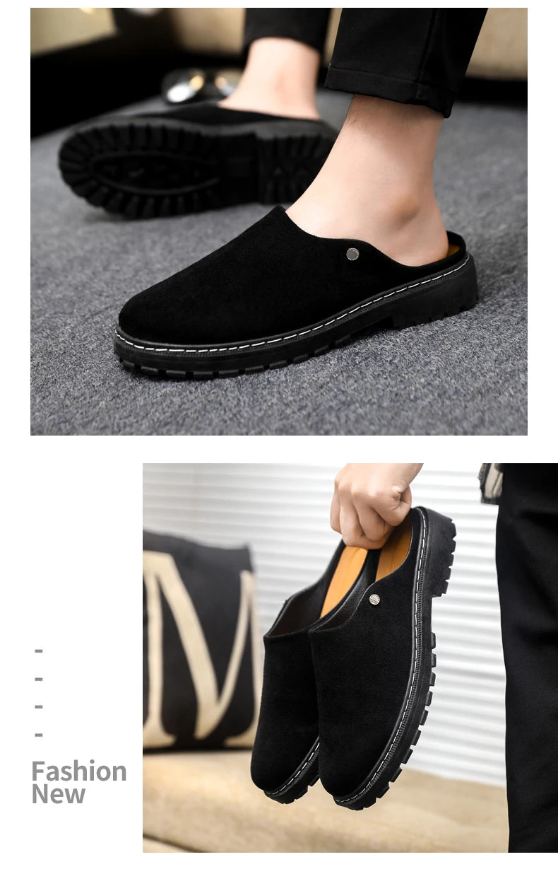 Black Men's Half Shoes Summer Casual Shoes Comfortable Suede Leather Shoes For Men Loafers Breathable Slip-on Shoes Man Slippers