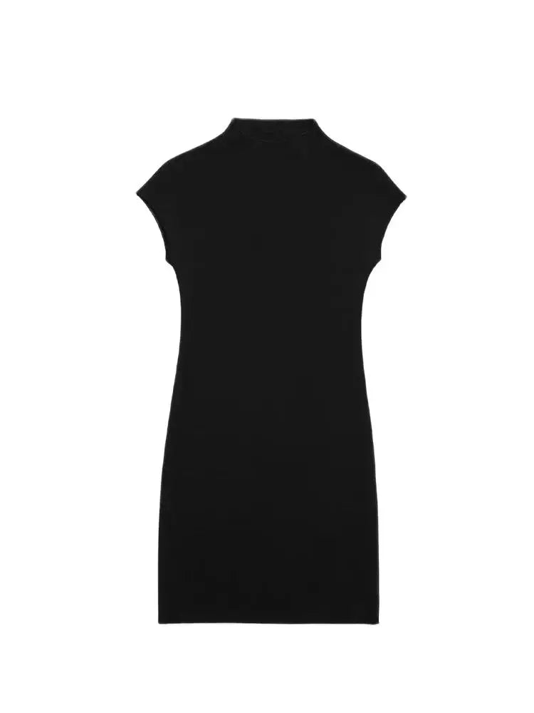 TRZA Women Fashion Stretch Knit Mini Dress Vintage High Neck Sleeveless Female Dresses Vestidos Mujer
