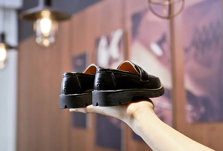 2025Kids Loafers Slip-on Pu Leather Shallow Black Brown Boys Girls Flat Shoes 21-36 Toddler Fashion Leisure Children Casual Shoe