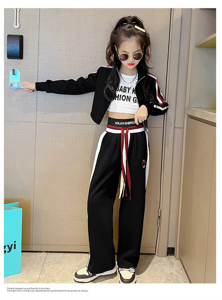 Childrens teenager girls Clothing Set Casual Sportwear Striped Short Top+Wide leg Pant 2pcs Girls Elastic Waist Trousers 4-15