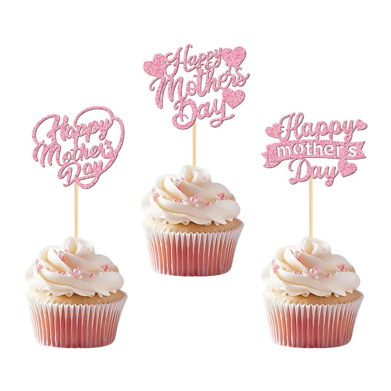 YOMDID 24Pcs Happy Mother's Day Cupcake Toppers Glitter Happy Mother's Day Heart Cake Toppers Cake Decorations for Mothers Day