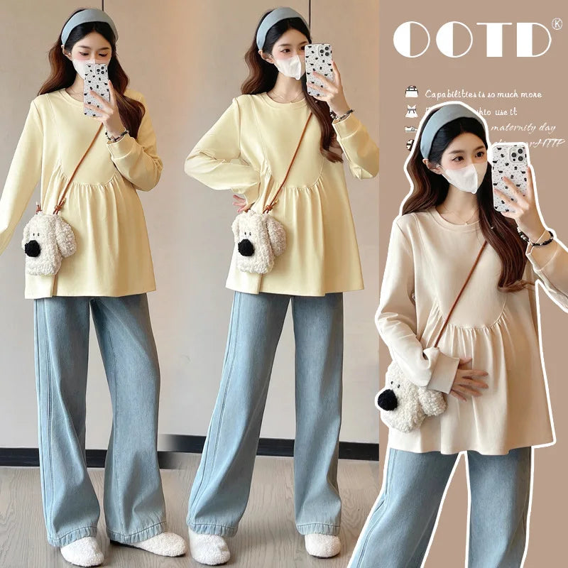 Maternity Sweatshirt Spring Autumn Simple Casual Cute Loose Slim Comfortable Round Neck Long Sleeve Sweatshirt For Pregnancy