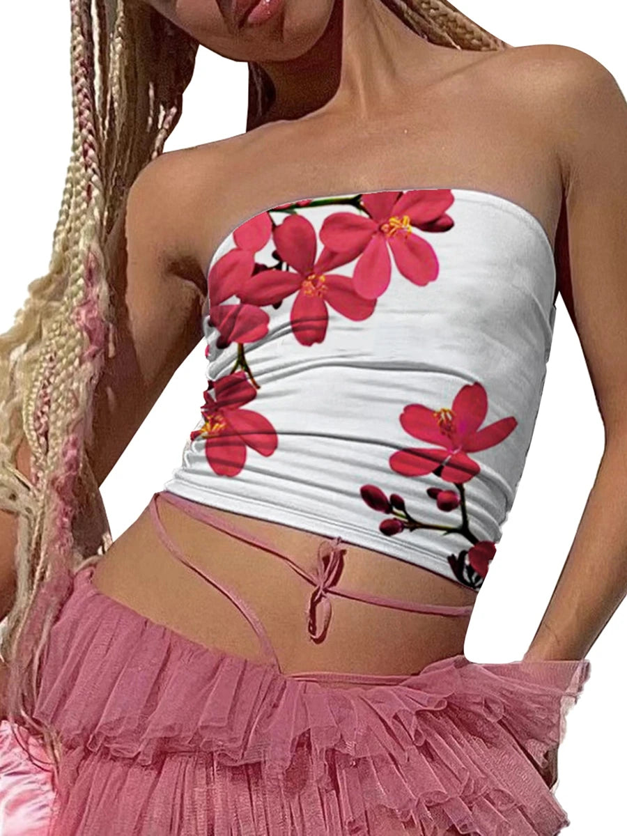 Women s Floral Print Tube Tops Summer Strapless Bandeau Tops  Fit Shirts Streetwear