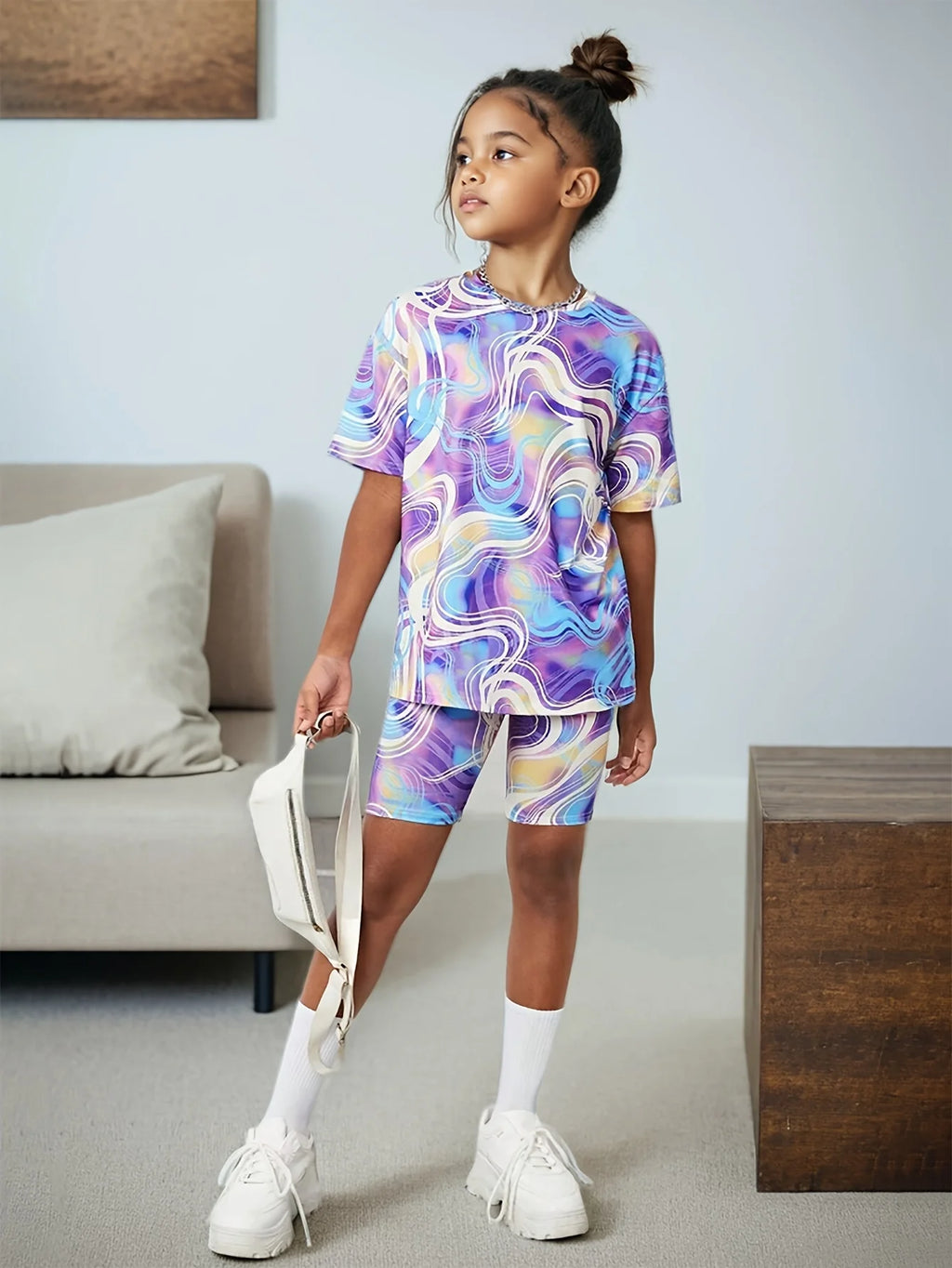 Girls' Casual Outfit: Short-Sleeve Top + Tight Shorts Two-Piece Set, Blue and Purple Striped Tie-Dye Print Clothing, Fashionable and Versatile, Suitable for Children Aged 4-11, for Home and Outdoor Wear
