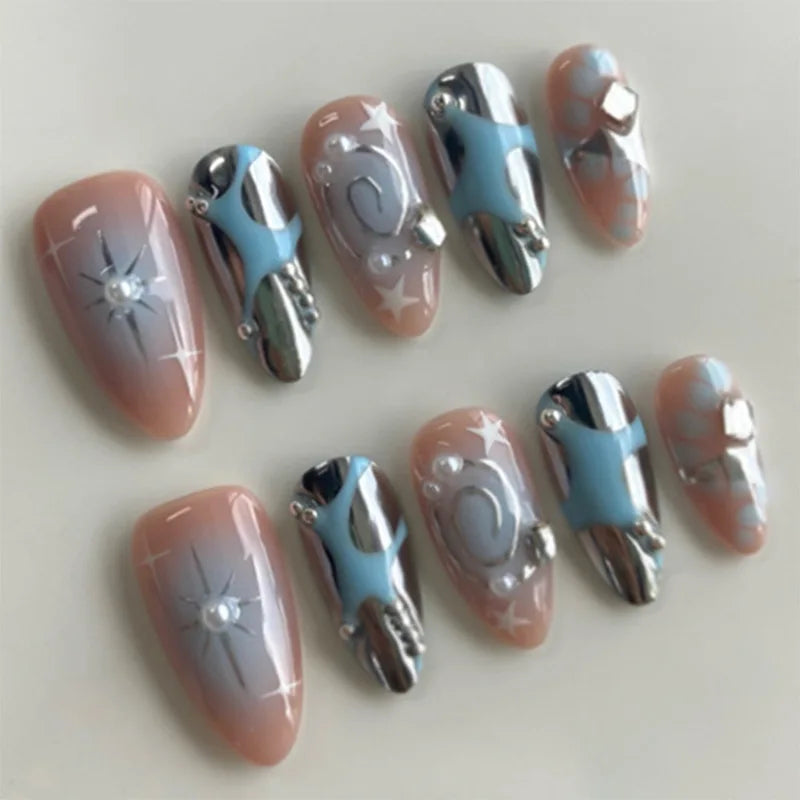 24Pcs Mid-length Almond False Nails Press on 3D Butterfly Pearl Bow Design Fake Nails Rhinestone Wearable Full Cover Nails Tips