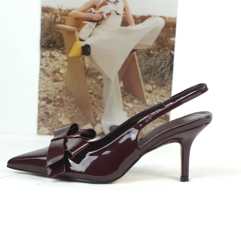2025 Slingback Sandals for Women Summer Brand Design High Heels Butterfly-Knot Fashion Pointed Toe Patent Leather Ladies Shoes