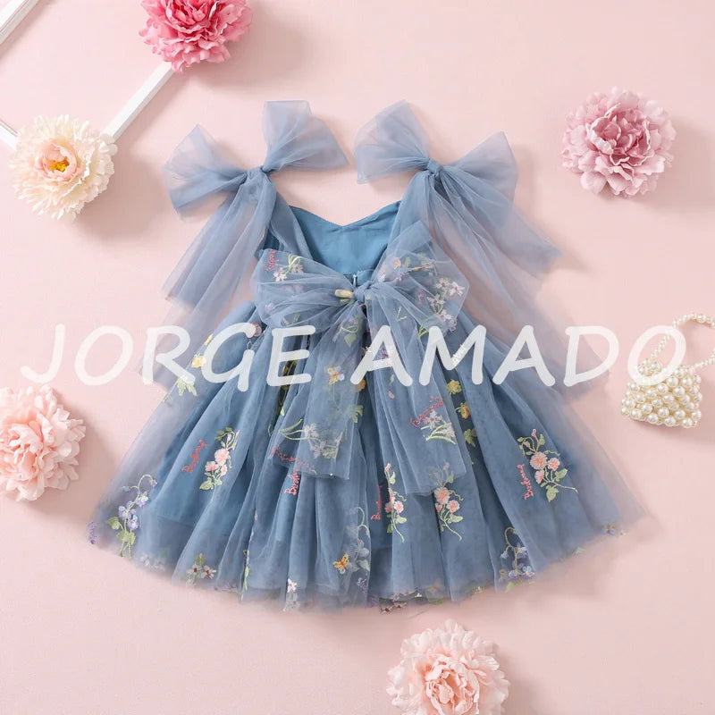 2026 Easter Kids Dress Girl Summer Dress Floral Bow Sleeveless Dance Performance Dress Girls Clothes E1236