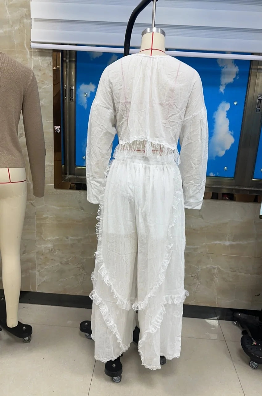 Womens Sexy Pajama Set Lace See Through 2 Piece Lounge Sets Long Sleeve Shirts and Wide Leg Pants Vintage Pj Sets Sleepwear
