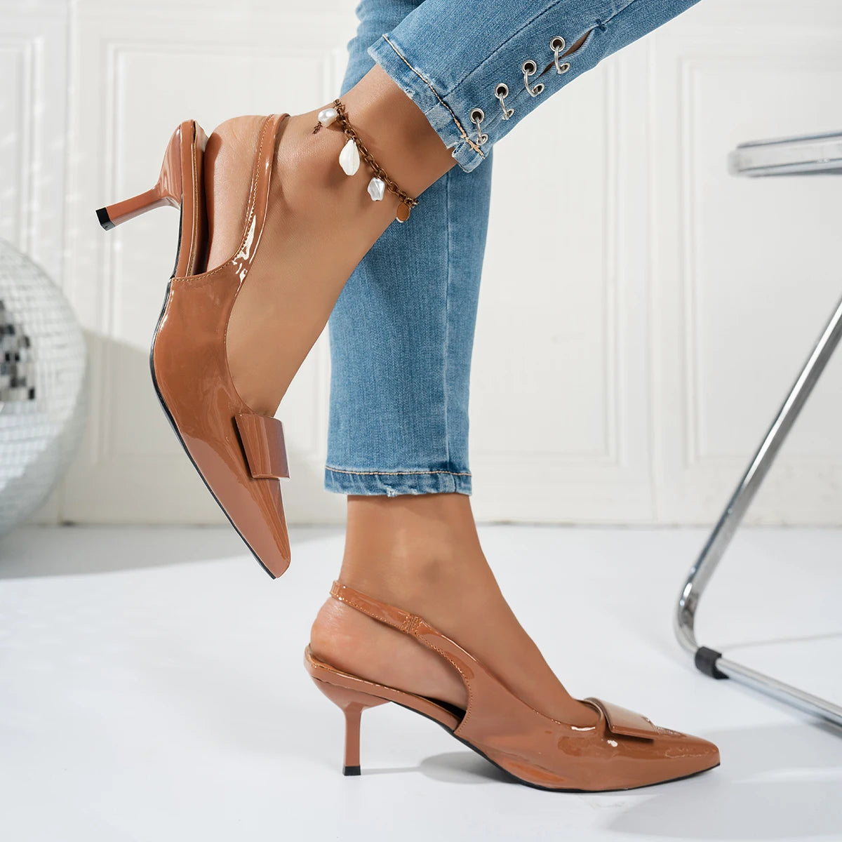 Elegant blue fashion hook-top pointed-toe ladies' high-heeled sandals. Summer style elegant hostess dress shoes. Formal shoes.