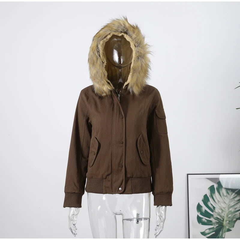 Chic Fur Collar Hooded Women's Cotton Jacket Solid Zipper Slim Waist Pocket Warm Thick Coat 2025 Autumn Winter Lady New Outwear