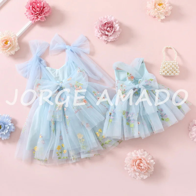 2026 Easter Kids Dress Girl Summer Dress Floral Bow Sleeveless Dance Performance Dress Girls Clothes E1236
