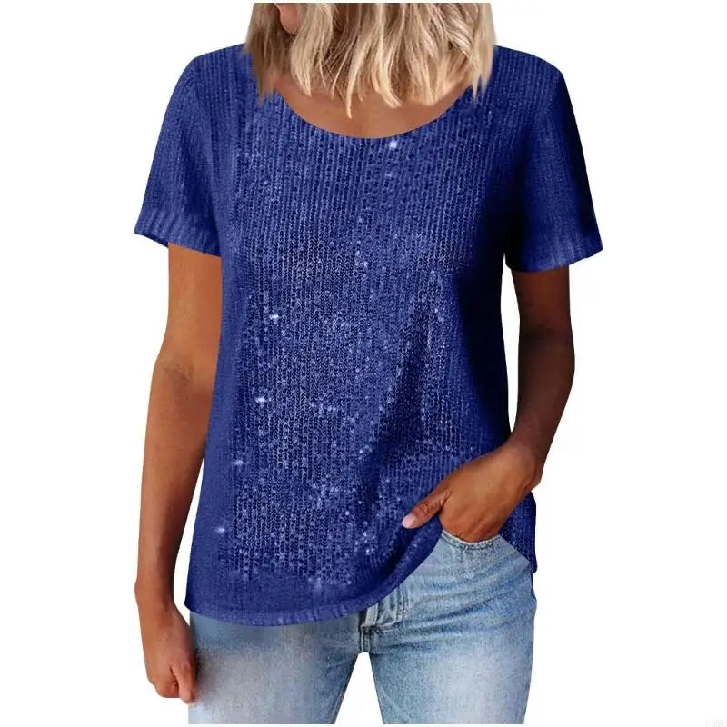 Tops Color for Women Glitter Short Sleeve Shirts Trendy Fashion Crewneck Top Loose Fit Glitter Shirts F3MD