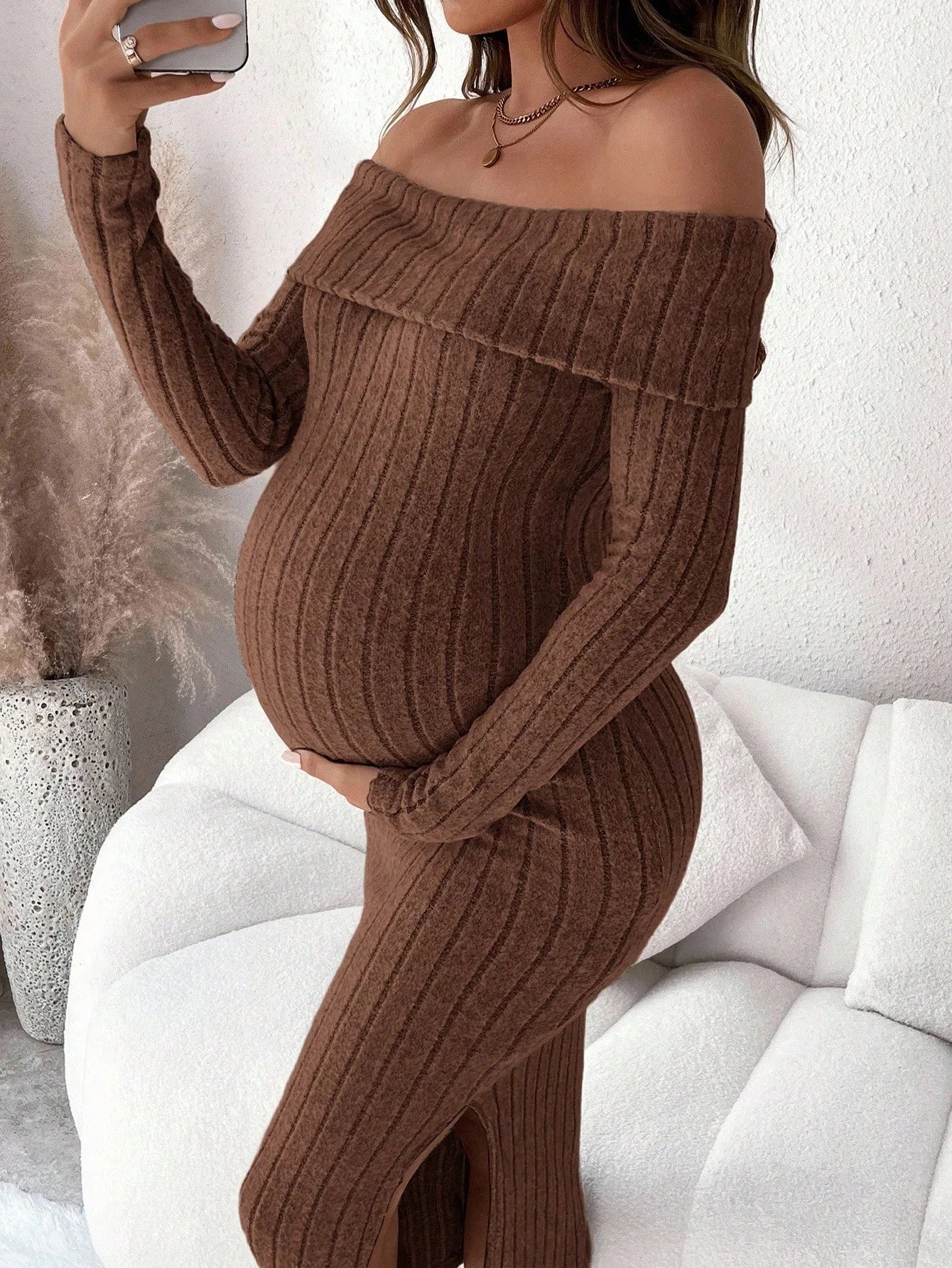 Maternity Pregnant Women Solid Knitted Dress Off Shoulder Slim Fit Long Sleeve Bodycon Dresses Spring Casual Pregnancy Clothing