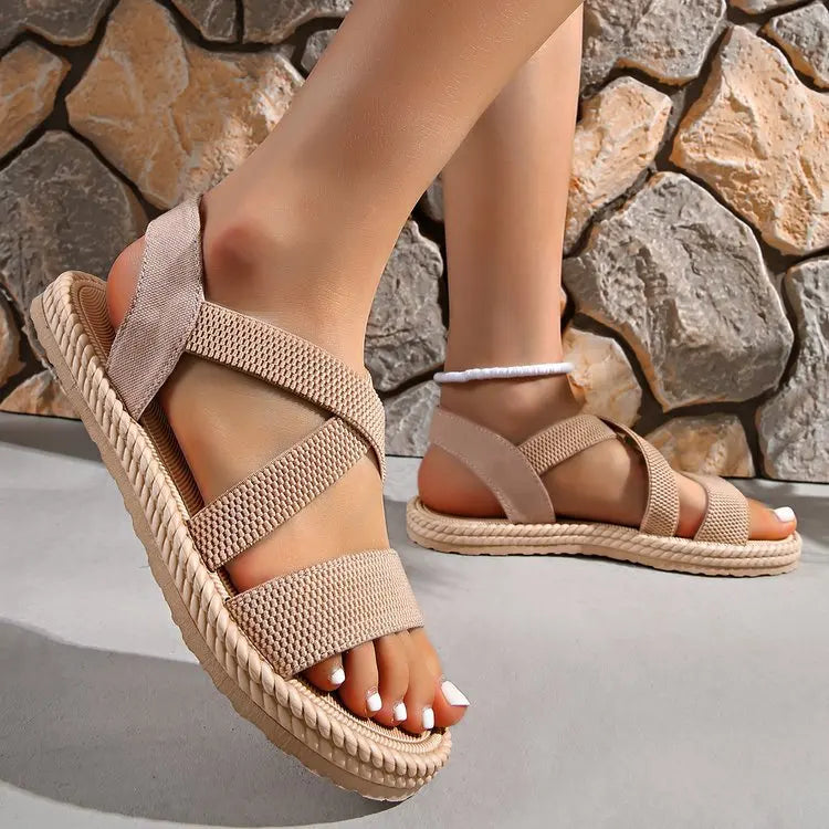 Summer New Flats Sole Women Sandals Fashion Cross Band Plus Size 43 Beach Sandels 2025 Hot Seller Ladies Vacation Zapatillas