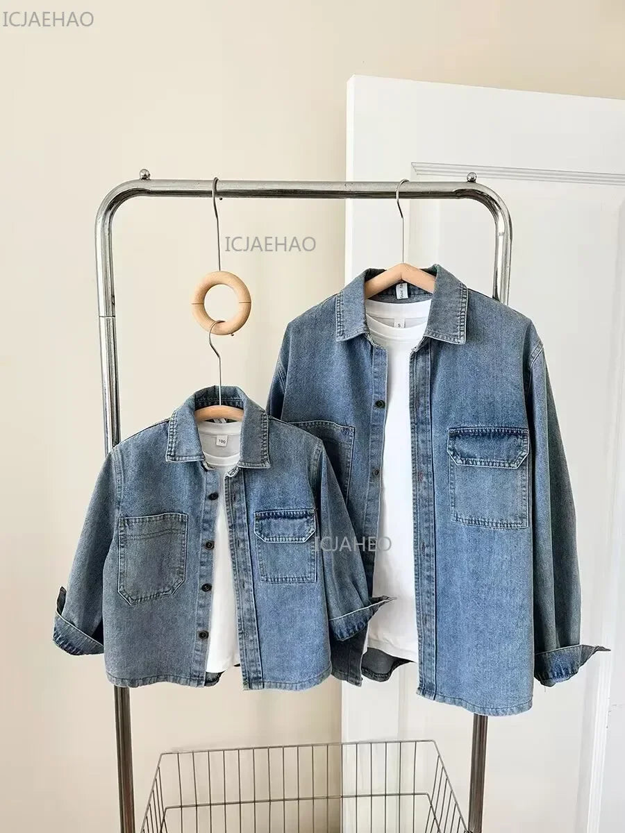 ‌2026 Mother-Child Mother and Son Daughter Matching Fashion Outfits Denim Jacket & Shirt Casual Kids and Adults Tops Autumn