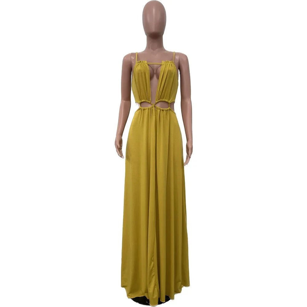 2025 Women's Dress Summer Holiday Solid Long Dresses Sexy Drawstring Lace Up Sleeveless Vestidos Para Mujer Club Party Outfits