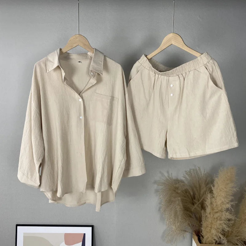 Two Piece Set Women Home Suit 2024 Cotton Linen Shorts Pajamas Sets Vintage Boho Shirt High Waist Loose Shorts Sets Sleepwear
