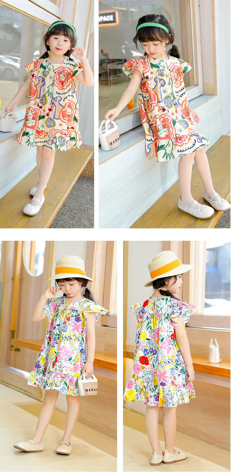 Girl Dresses100% Cotton Children's Clothing Summer Kids Clothes Girls Party Princess Fashion Outfit Flower Pattern Beach Dresses