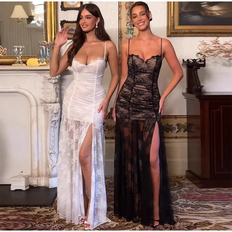 Sexy Lace Spaghetti Strap Dress Women Sleeveless Backless See Through Slim Split Long Dresses 2026 Spring Holiday Lady Robes