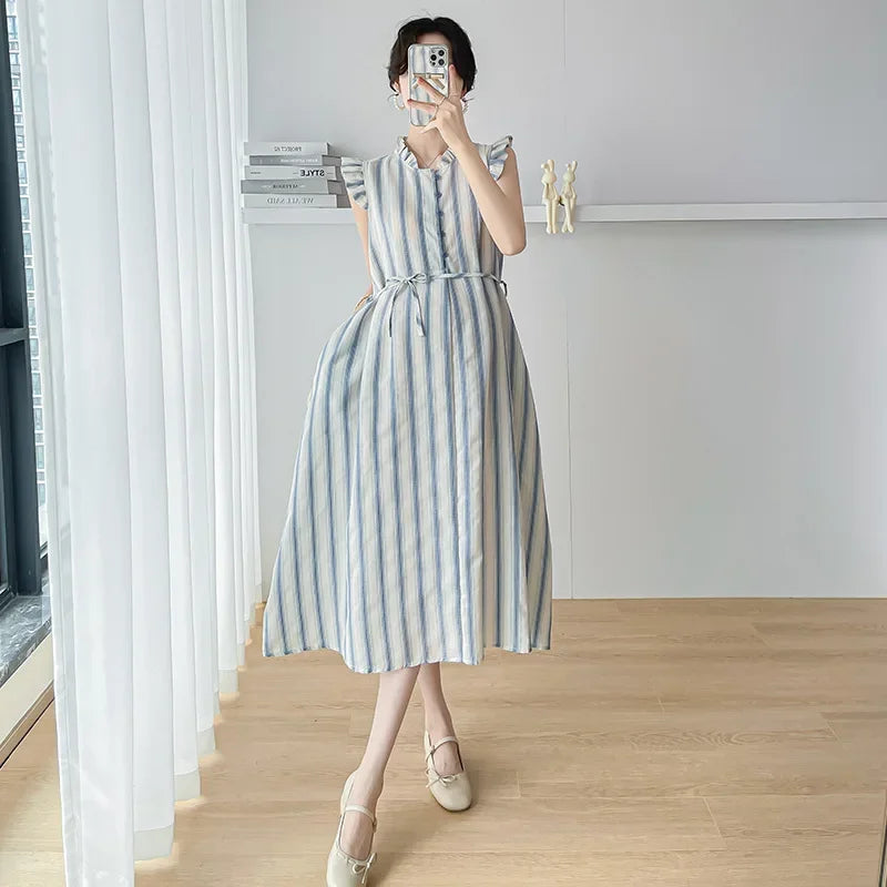 Maternity Clothes Spring Autumn Pregnancy Dresses Pregnant Women Lantern Sleeve High Waist V Neck  Clothing