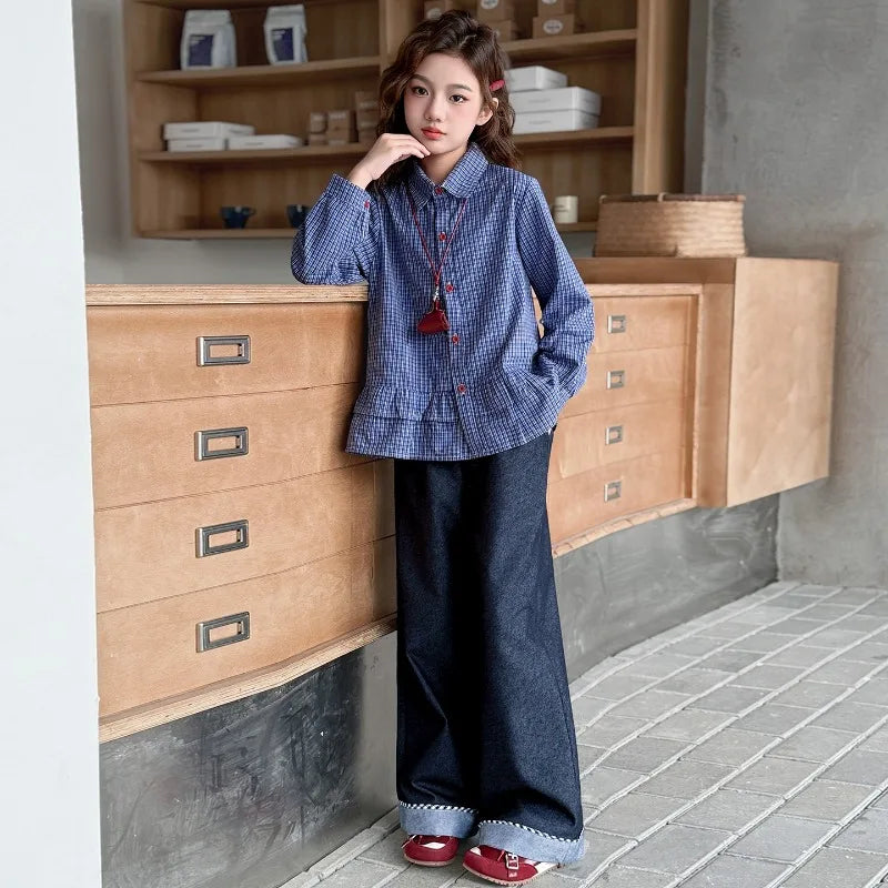 Girls Clothing Set Fashion Children Blue Plaid Loose Fit Sweet Doll Shirt +Cowboy Wide Leg Pants Two-piece Set Spring Autumn