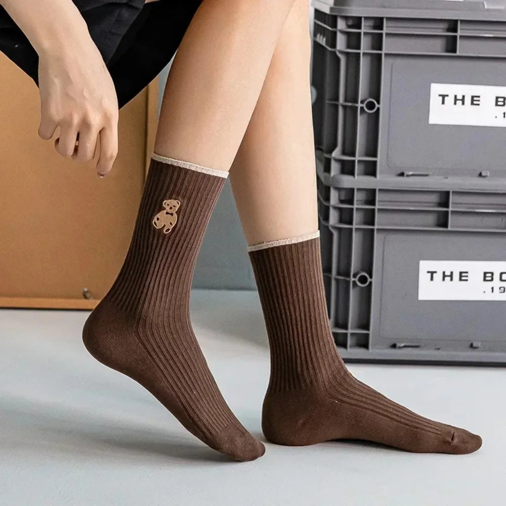 5pairs Cartoon Bear Socks Soft Cotton Socks Autumn Coffee Stockings Kawaii Women Socks Korean Casual Stockings Women Hosiery