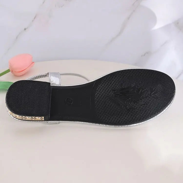 Women's Sandals Low Block Heel Rhinestone Leaf Thong Style Elastic Slingback Glossy Finish Summer Vacation Casual Dressy Shoes