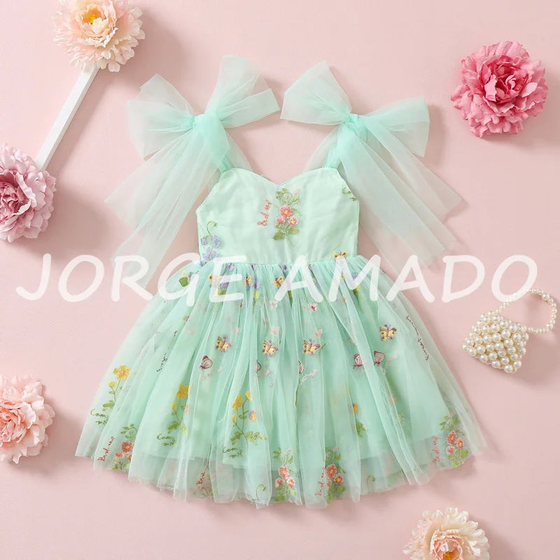 2026 Easter Kids Dress Girl Summer Dress Floral Bow Sleeveless Dance Performance Dress Girls Clothes E1236
