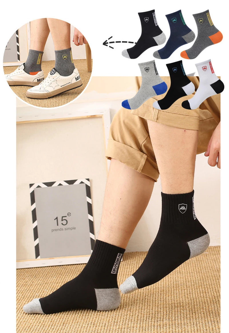 5 Pairs Men's Mid-Calf Socks Cotton Breathable Warm Sports Socks Autumn Winter Sweat-Absorbing Long Casual Trendy Style