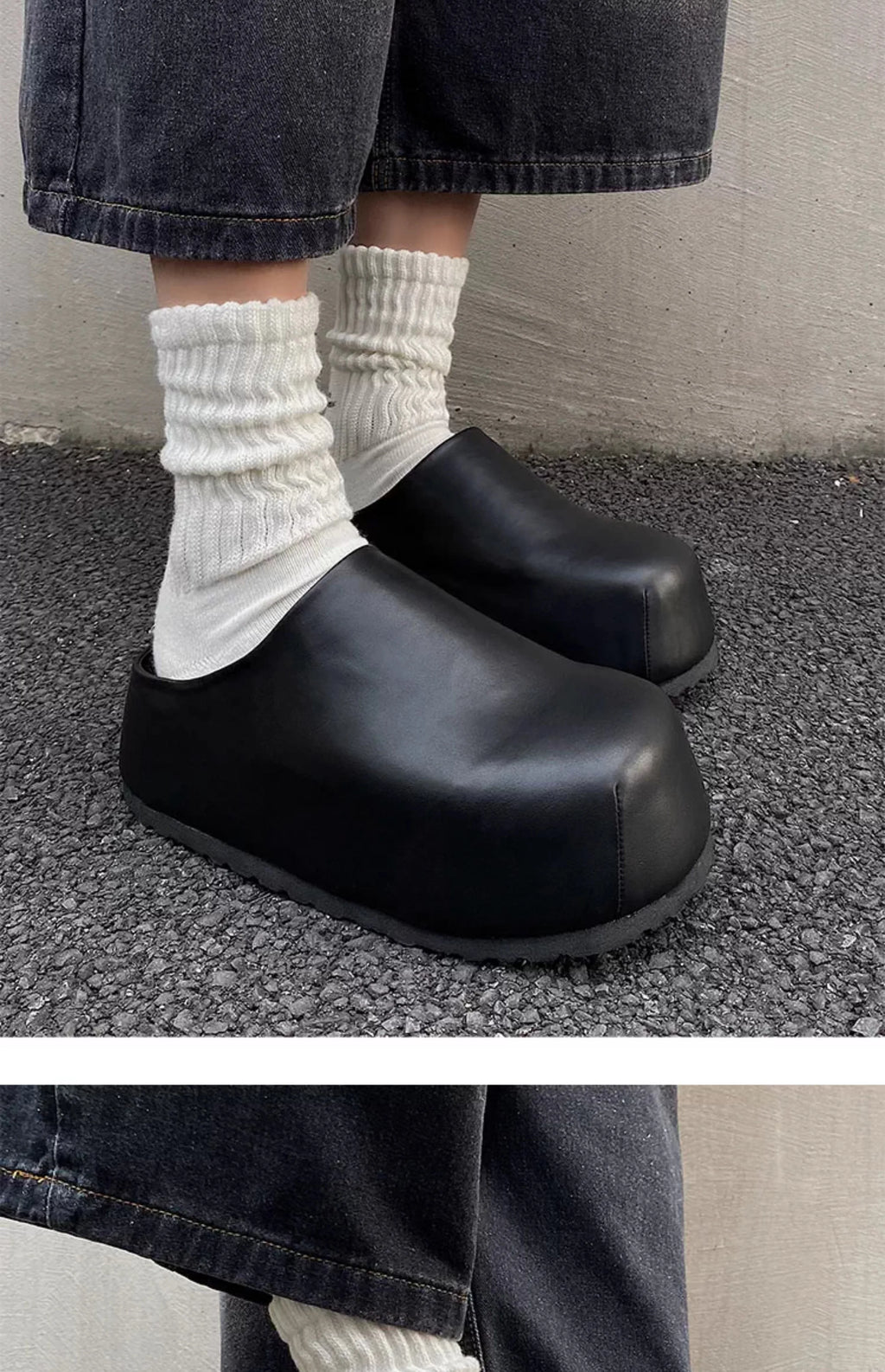 Black Boken leather shoes for men's thick soled design slippers summer new big toe mules shoes outdoor