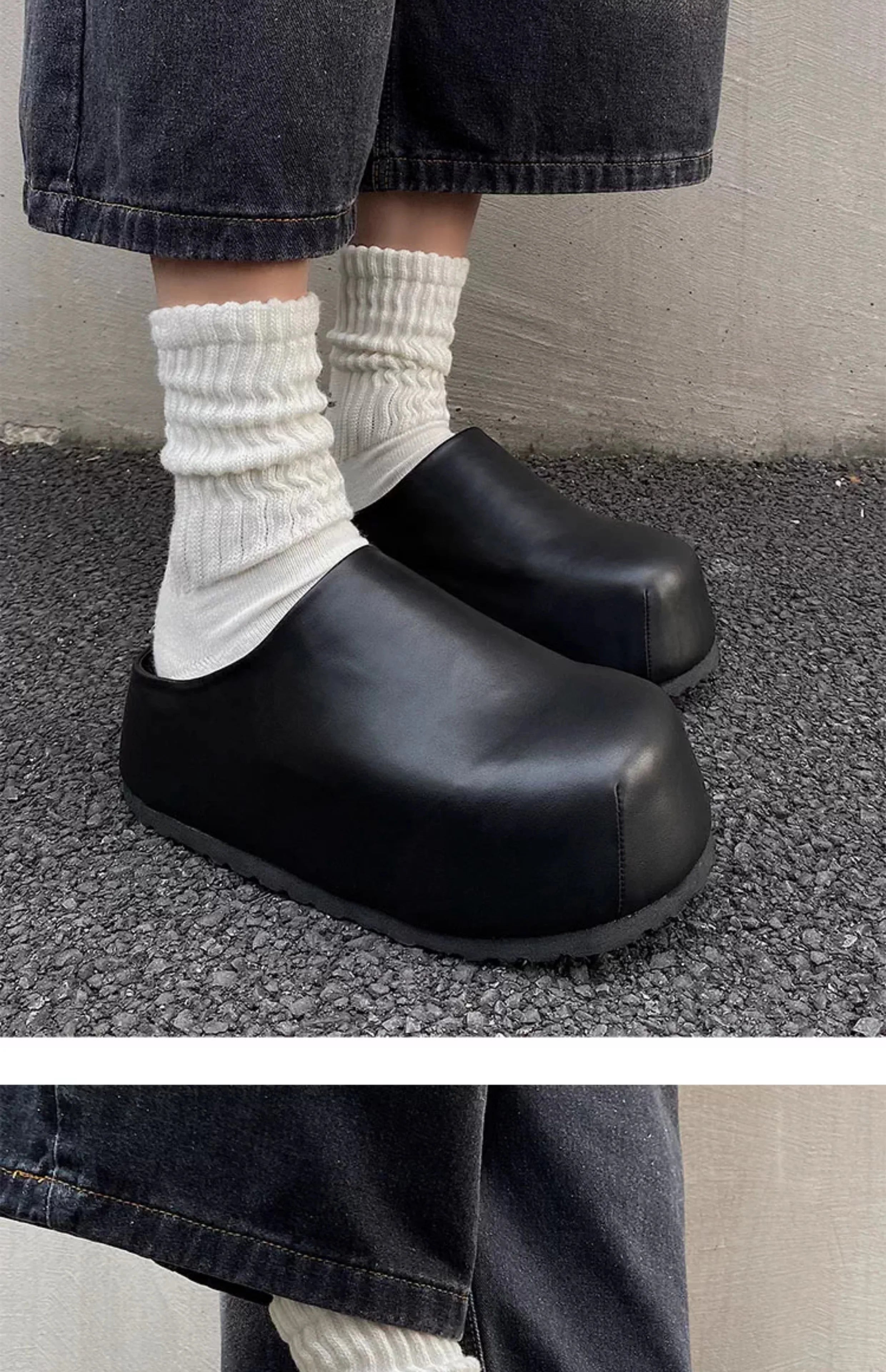 Black Boken leather shoes for men's thick soled design slippers summer new big toe mules shoes outdoor