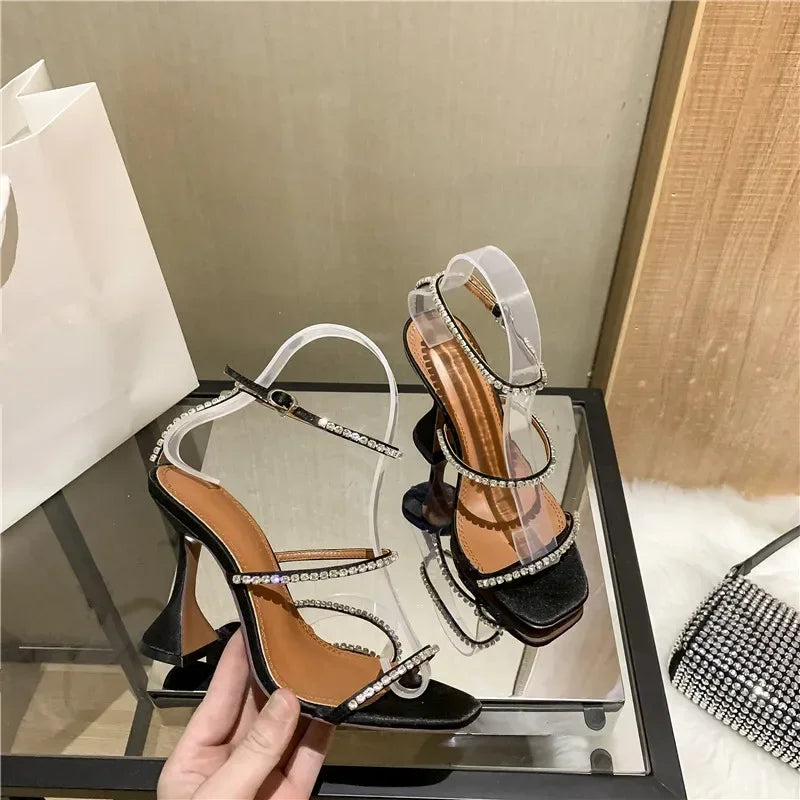 Women's Sandals  European and American Summer New High Heels Banquet Fashion Rhinestone Chain Open Toe Fine Heel Roman Sandals