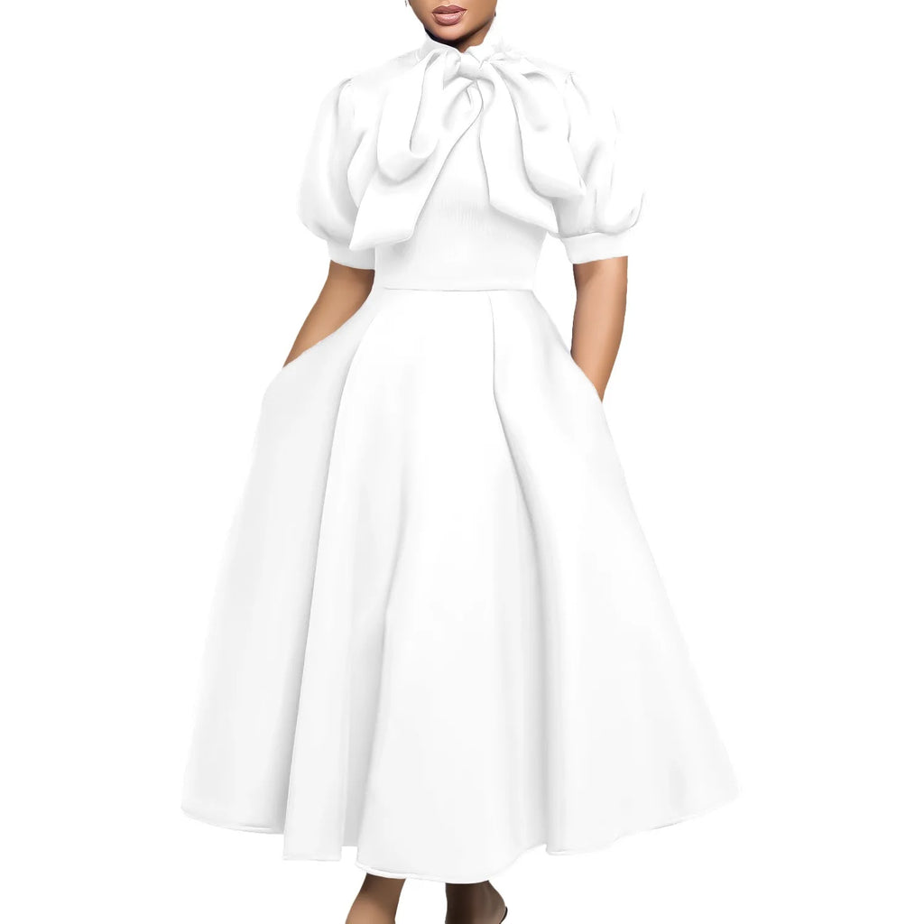 Elegant Party Dresses for Woman 2024 Luxury Bow Collar Short Sleeve High Waisted A Line Pleated Ankle Length Birthday Party Robe