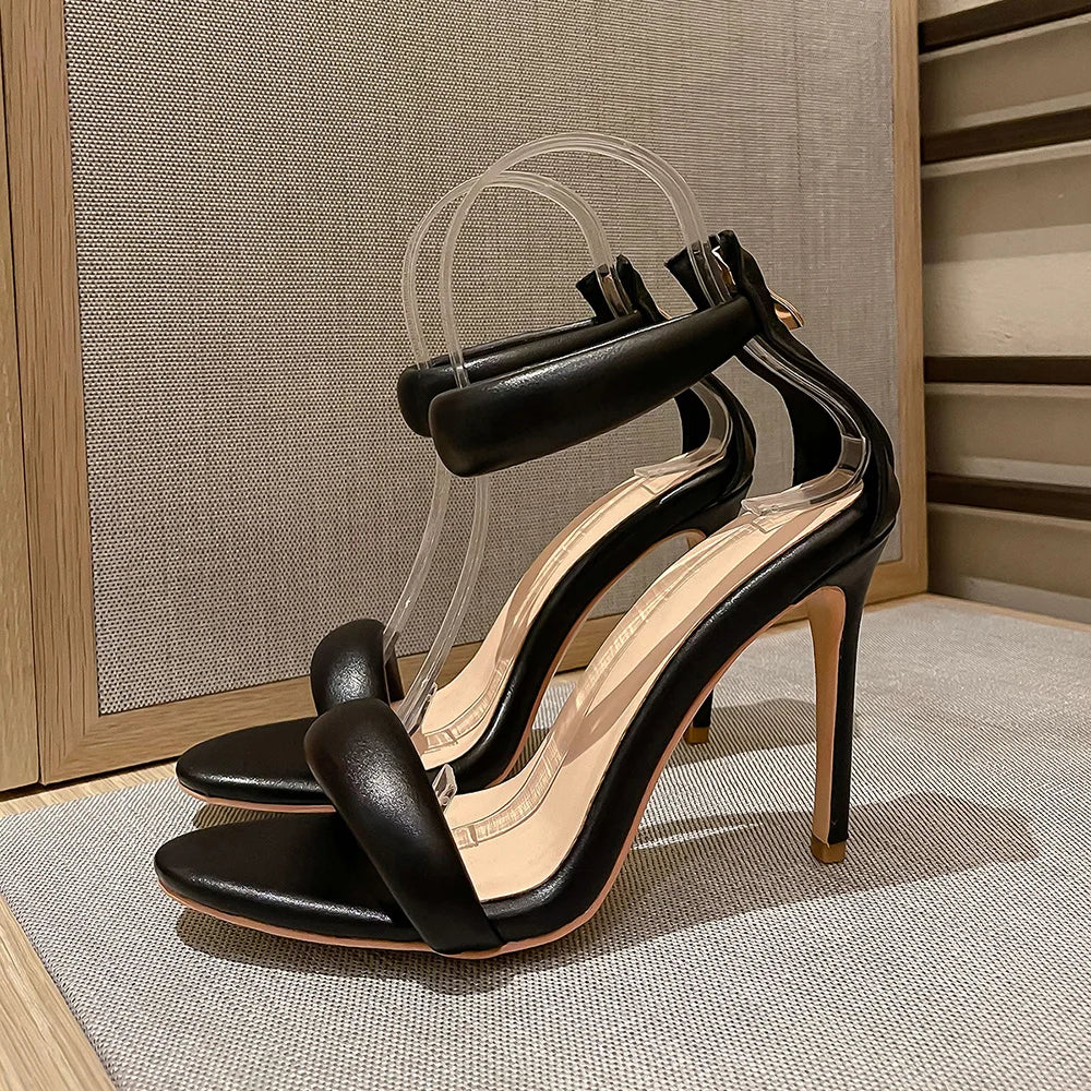 Sandals Women 2025 Concise Style One-strap Sandals for Girls Women Sexy Stiletto Heel Back Zip Cover Heels Summer Sandalias Gold