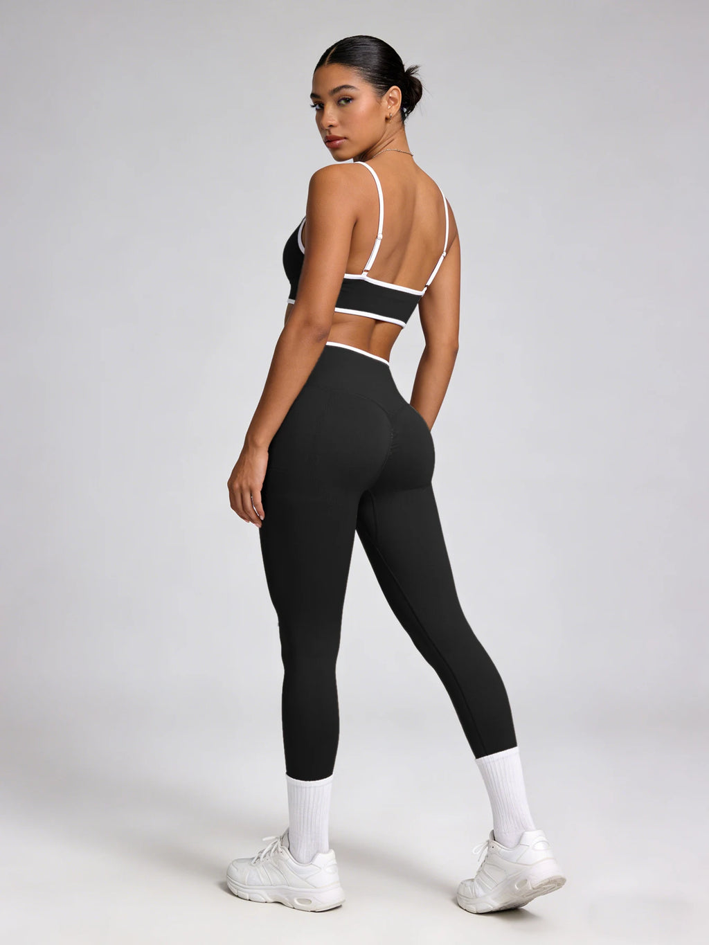Women 2 Piece Yoga Set Black White Contrast Trim Thin Strap Sports Bra & High Waist Leggings Seamless Workout Gym Fitness Outfit