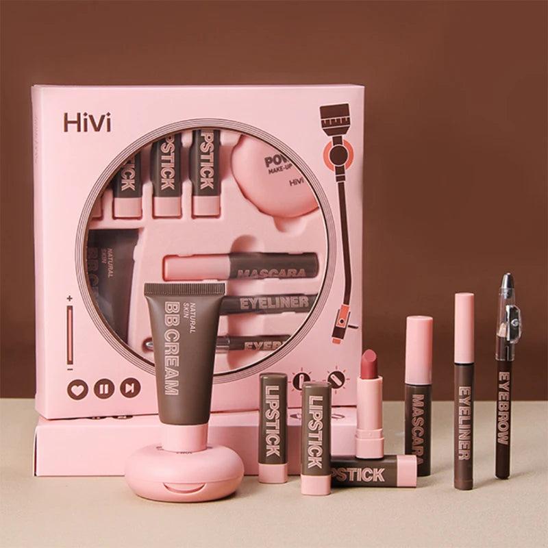 Marie Set de Maquillaje Navideño para Mujer — 9 Labiales, Polvo Compacto, BB Cream, Lápiz de Cejas, Máscara y Delineador para Mujeres y Niñas