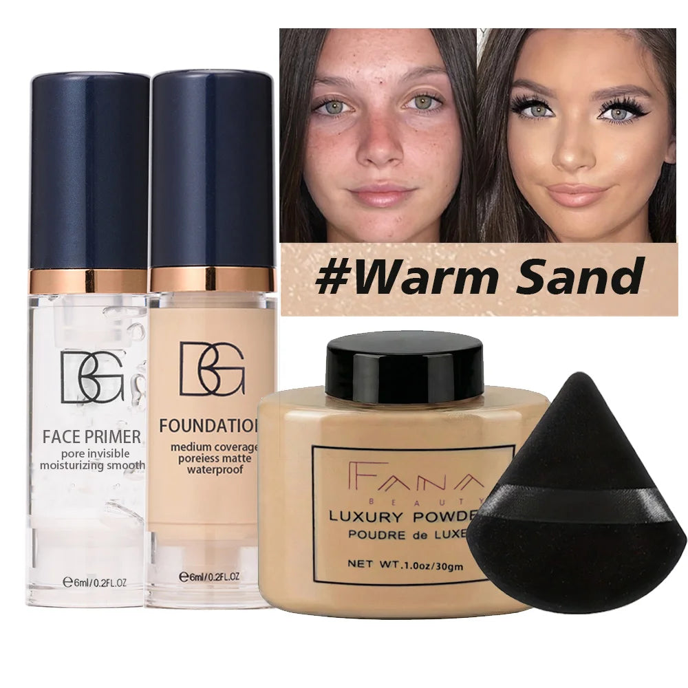 Marie Set de Maquillaje Facial de 4 Piezas — Primer Suavizante, Base Mate, Polvo Fijador con Borla, Paquete Impermeable de Larga Duración**