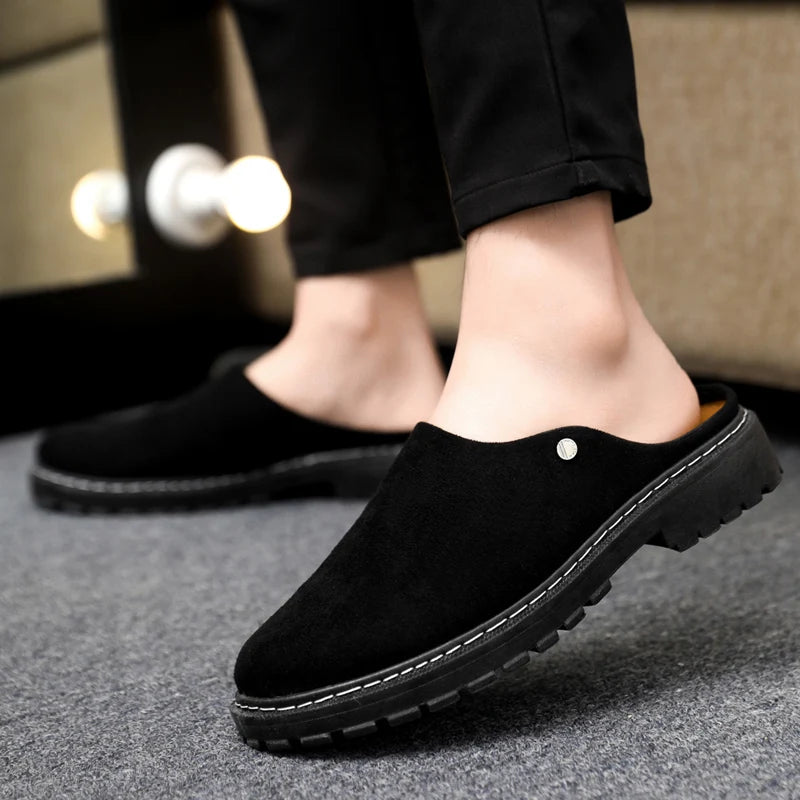 Black Men's Half Shoes Summer Casual Shoes Comfortable Suede Leather Shoes For Men Loafers Breathable Slip-on Shoes Man Slippers