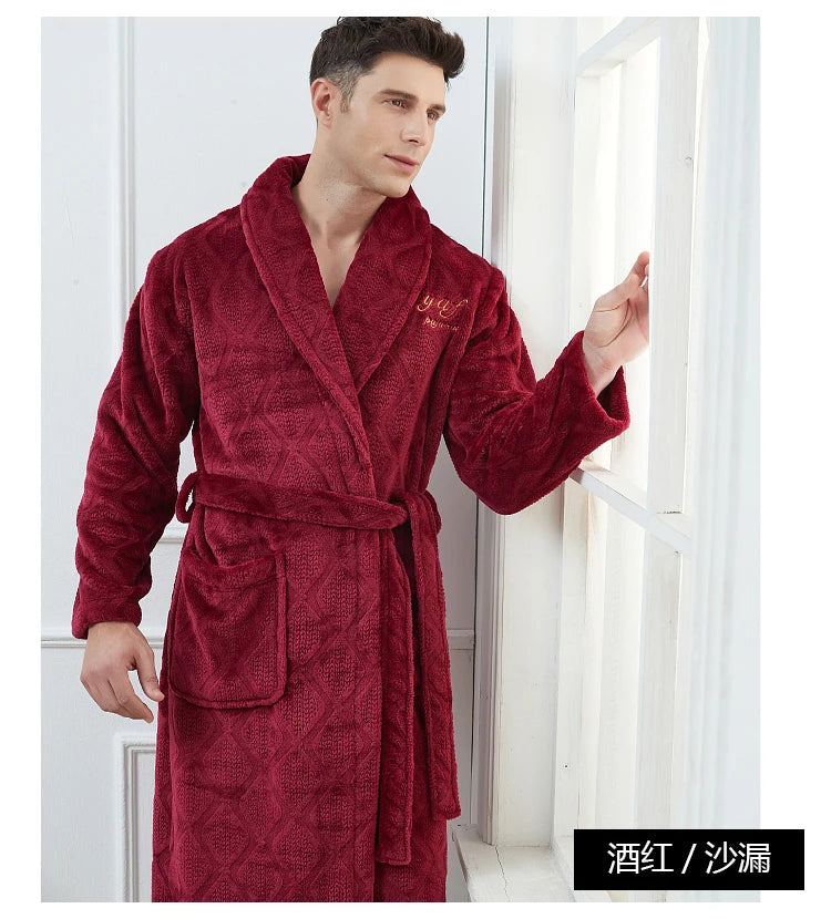 Plus Size 3XL 4XL Men Flannel Robe Winter Thickened Sleepwear Kimono Bathrobe Gown Warm Coral Fleece Loose Home Wear Nighwtear