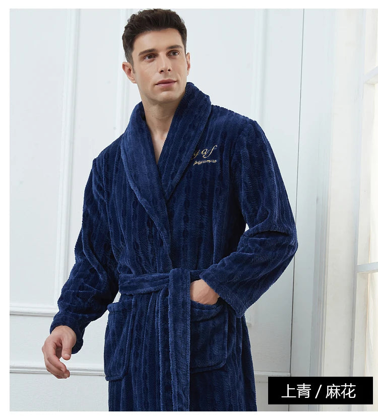 Plus Size 3XL 4XL Men Flannel Robe Winter Thickened Sleepwear Kimono Bathrobe Gown Warm Coral Fleece Loose Home Wear Nighwtear