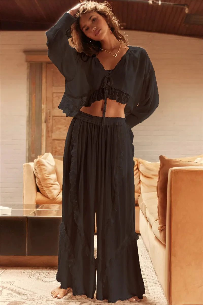 Womens Sexy Pajama Set Lace See Through 2 Piece Lounge Sets Long Sleeve Shirts and Wide Leg Pants Vintage Pj Sets Sleepwear