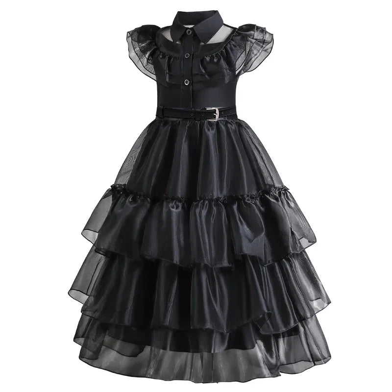 Wednesday Adams Cosplay Dresses 2025 New Girls Mesh Costume Vestidos Kids Carnival Easter Halloween Party Dress 4-12 Years