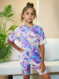 Girls' Casual Outfit: Short-Sleeve Top + Tight Shorts Two-Piece Set, Blue and Purple Striped Tie-Dye Print Clothing, Fashionable and Versatile, Suitable for Children Aged 4-11, for Home and Outdoor Wear