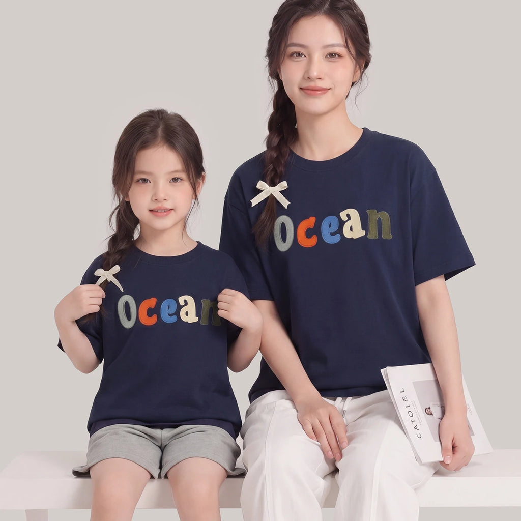 Summer Children's Short Sleeve T-Shirts Family Matching Sets Casual Loose Applique Mother-Daughter Mother-Son Boy And Girl Cloth
