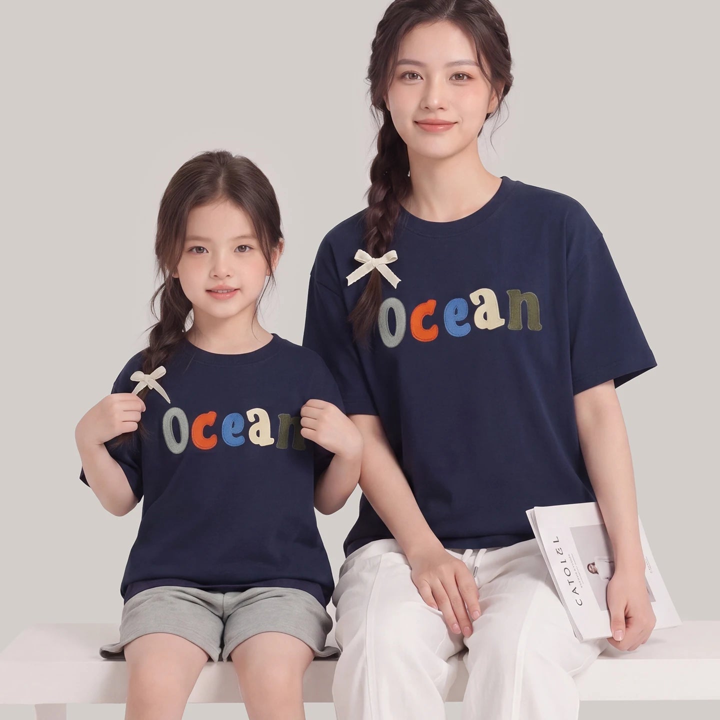 Summer Children's Short Sleeve T-Shirts Family Matching Sets Casual Loose Applique Mother-Daughter Mother-Son Boy And Girl Cloth