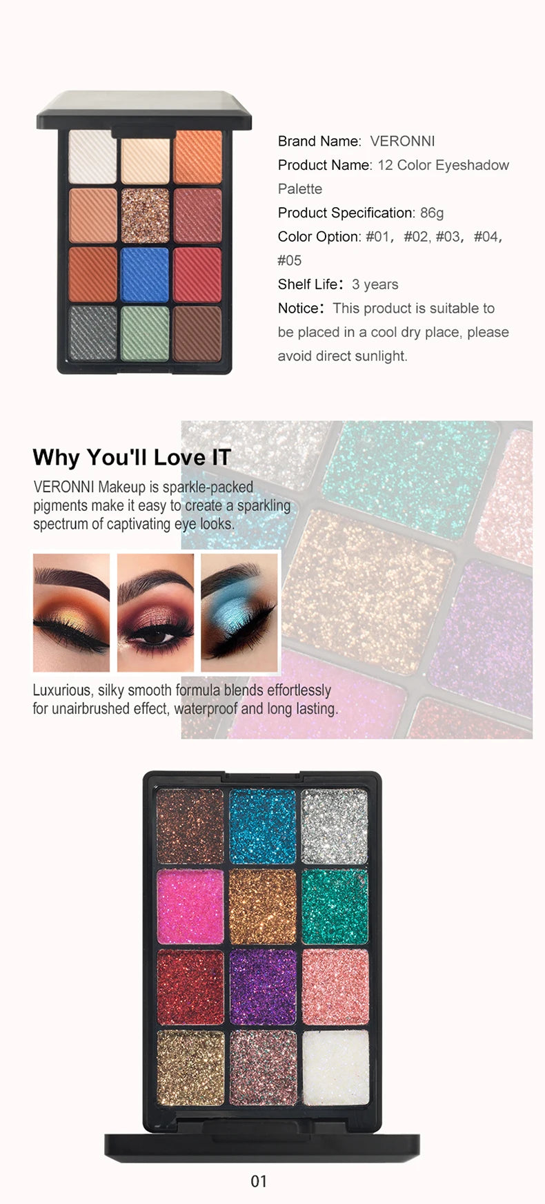 12-Color Eyeshadow Palette – Pearlescent, Matte, Fine Shimmer, Glitter, Earth Tones, Long Lasting Eye Shadows, High-Performance