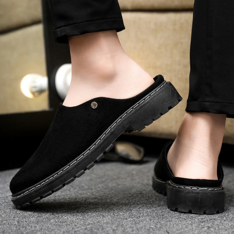 Black Men's Half Shoes Summer Casual Shoes Comfortable Suede Leather Shoes For Men Loafers Breathable Slip-on Shoes Man Slippers