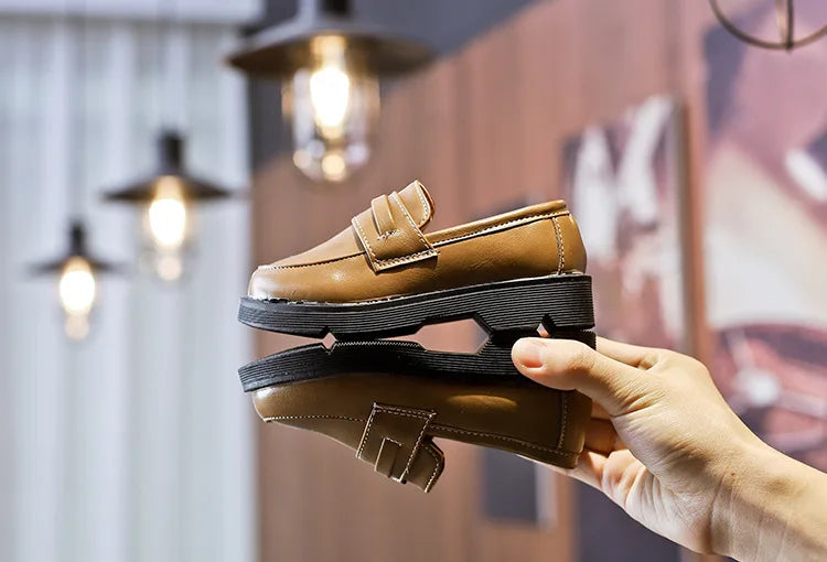2025Kids Loafers Slip-on Pu Leather Shallow Black Brown Boys Girls Flat Shoes 21-36 Toddler Fashion Leisure Children Casual Shoe